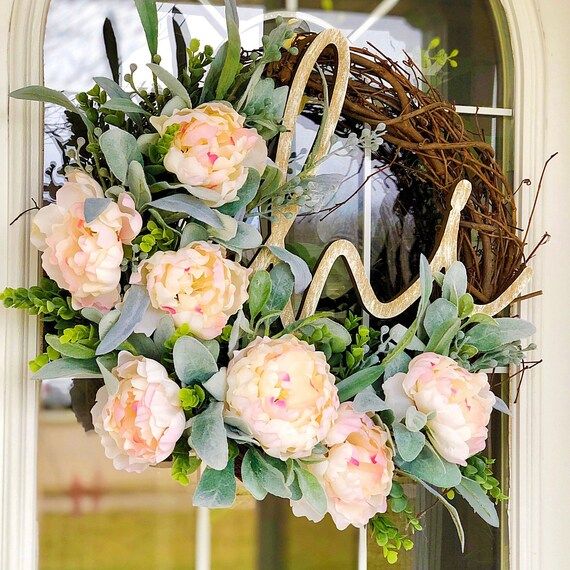 Summer Wreath Peonies & Lambs Ear Wreath with Hi Wooden Sign Welcome Front Door Spring Mother’s... | Etsy (US)