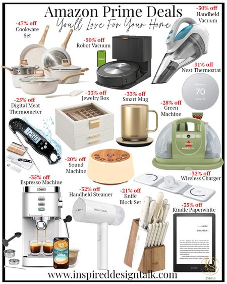 Amazon Prime Day Deals // cookware set 47% off, robot vacuum 50% off, handheld vacuum 30% off, digital meat thermometer 25% off, jewelry box 33% off, smart mug 33% off, green machine 28% off, sound machine 20% off, espresso machine 35% off, handheld steamer 32% off, knife block set 21% off, kindle paperwhite 35% off, wireless travel charger 32% off

#LTKhome #LTKsalealert #LTKxPrime