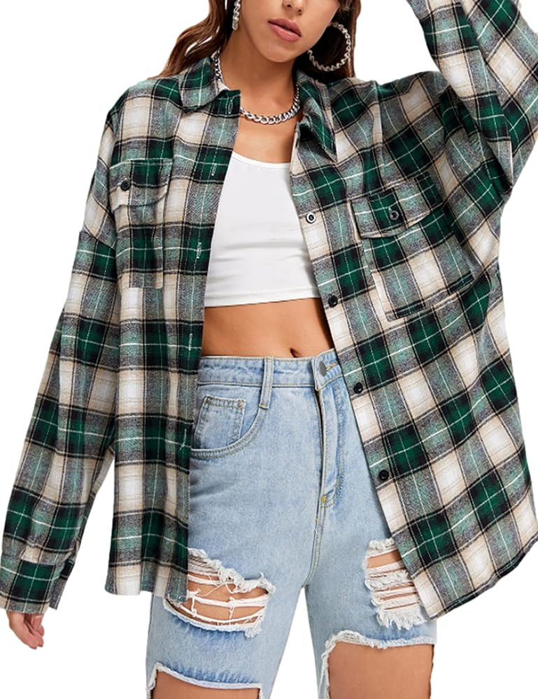 HangNiFang Womens Flannel Plaid Shirts Oversized Button Down Shirts Blouse Tops | Amazon (US)