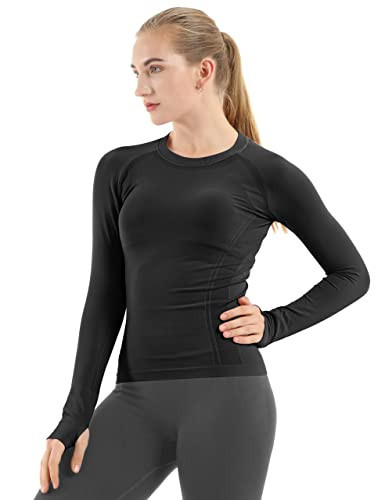 MathCat Seamless Workout Shirts for Women Long Sleeve Yoga Tops Sports Running Shirt Breathable Athletic Top Slim Fit Black | Amazon (US)