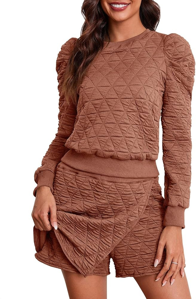 Fisoew Women's 2 Piece Lounge Wear Set Long Sleeve Argyle Sweatshirts and Wrap Skorts Casual Sets | Amazon (US)