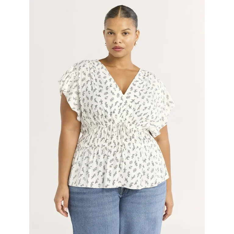 Scoop Women's Plus V-Neck Cinched Waist Top with Flutter Sleeves, Sizes 1X-4X | Walmart (US)