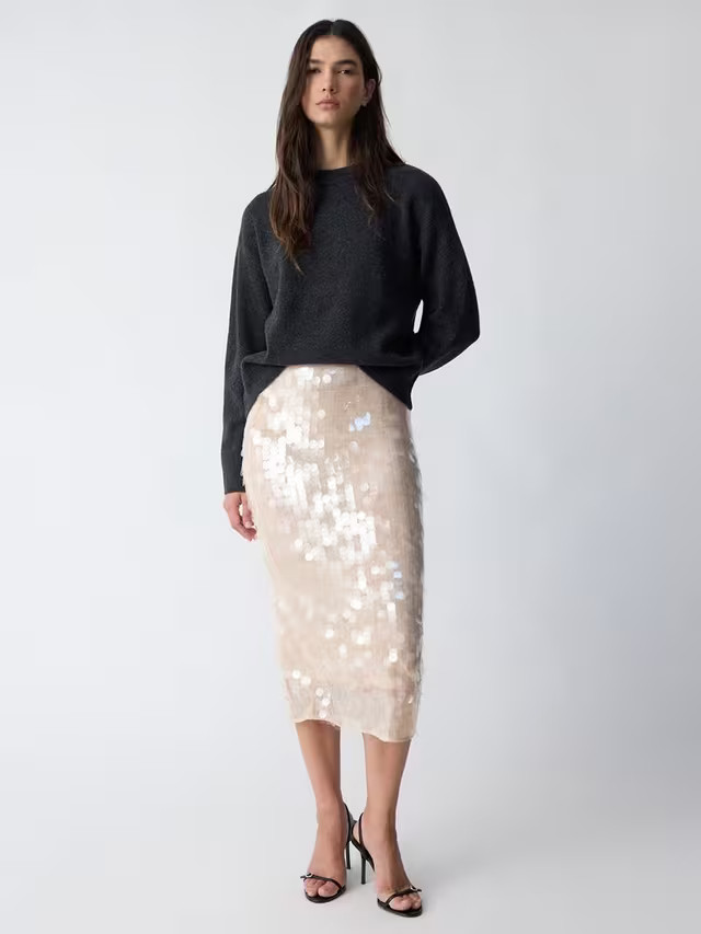 Mango Java Sequin Midi Skirt, Light Beige | John Lewis (UK)