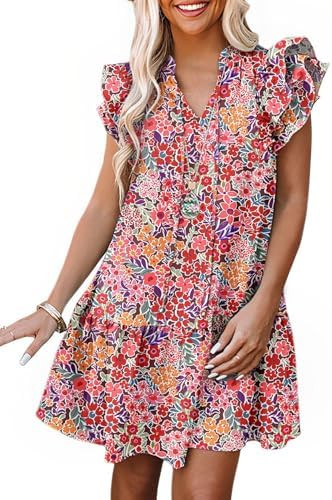 Dokotoo Womens Summer Dresses 2026 V-Neck Drawstring Ruffle Cap Short Sleeve Side Pockets Mini Dr... | Amazon (US)