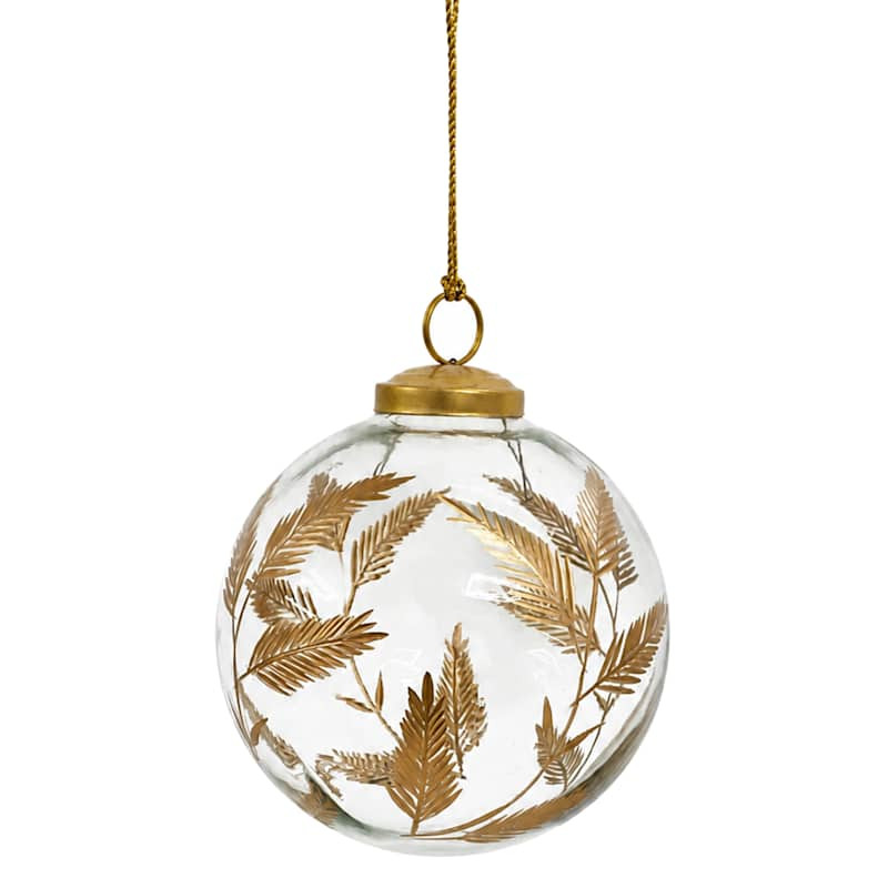 Gilded Evergreen Etched Golden Leaf Clear Glass Ornament, 4", sold by At Home | At Home