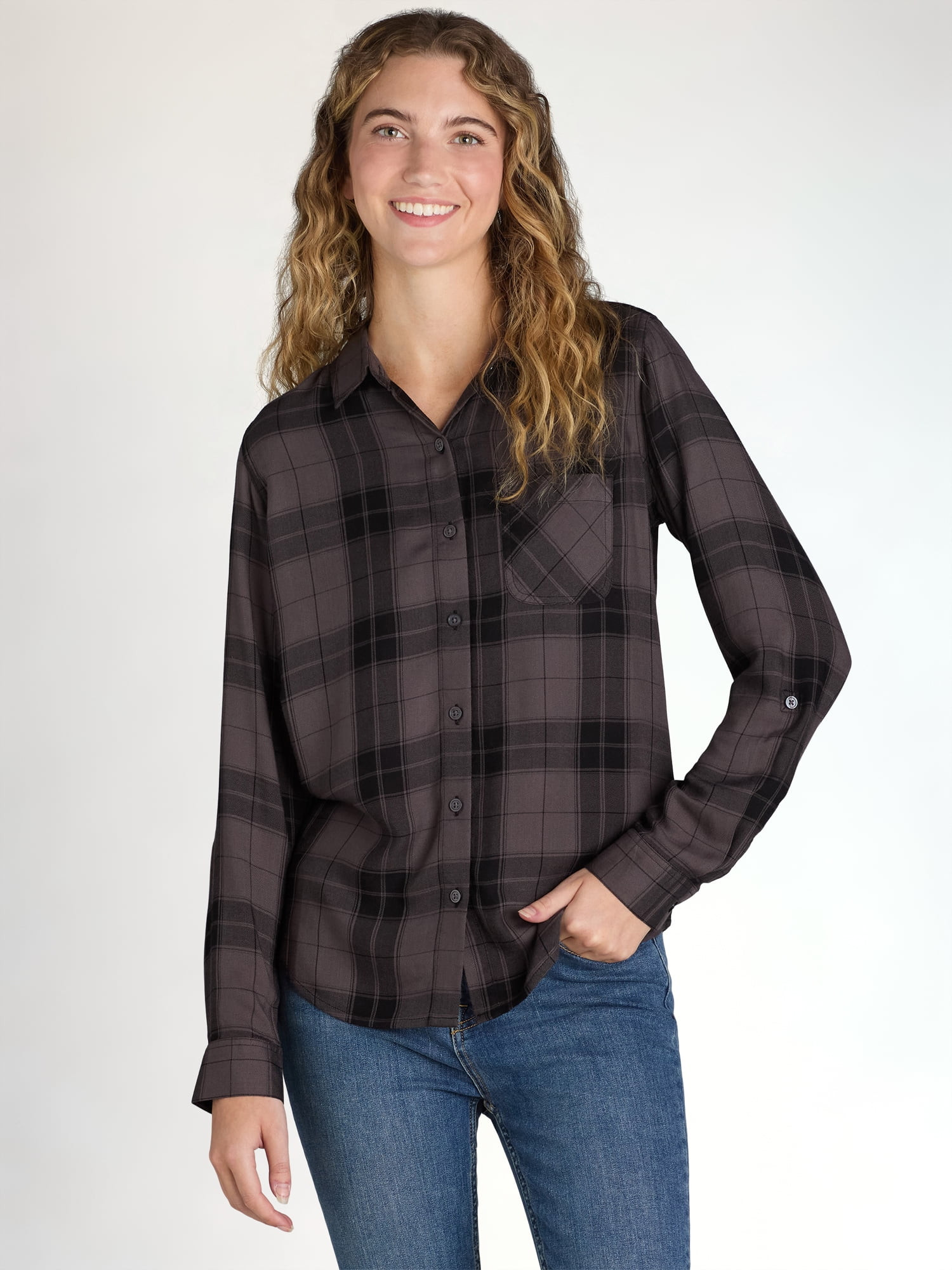 Time and Tru Women's Soft Button Up Shirt with Long Sleeves, Sizes XS-XXXL | Walmart (US)