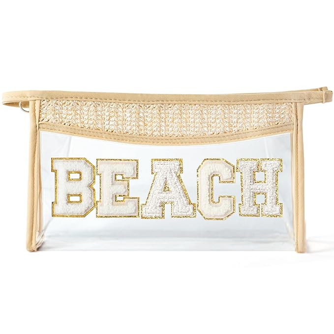 Boho Patch Cosmetic Bag - Christmas BEACH Chenille Varsity Letter Toiletry Bag Beige Clear Waterp... | Amazon (US)