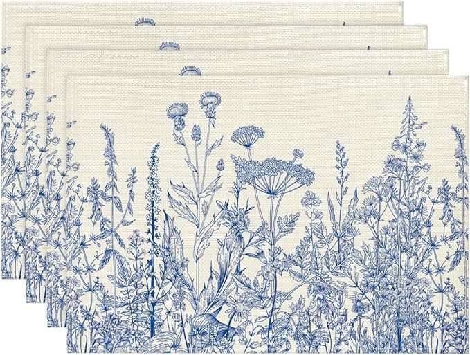Artoid Mode Blue Antique Herbs and Wild Flowers Spring Placemats Set of 4, 12x18 Inch Seasonal Ta... | Amazon (US)