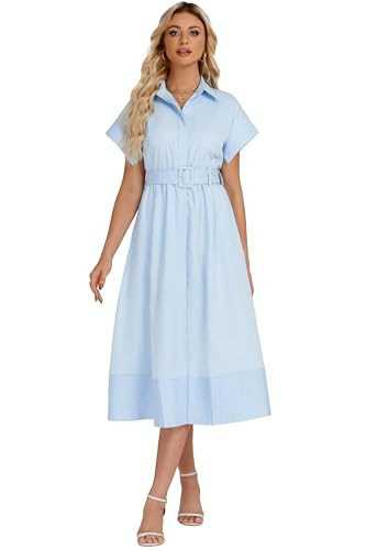 Ladyful Women Casual Button Down Shirt Dress Short Wing Sleeve Buiness Midi Shirt Dress with Belt Elegant Dress Light Blue | Amazon (US)