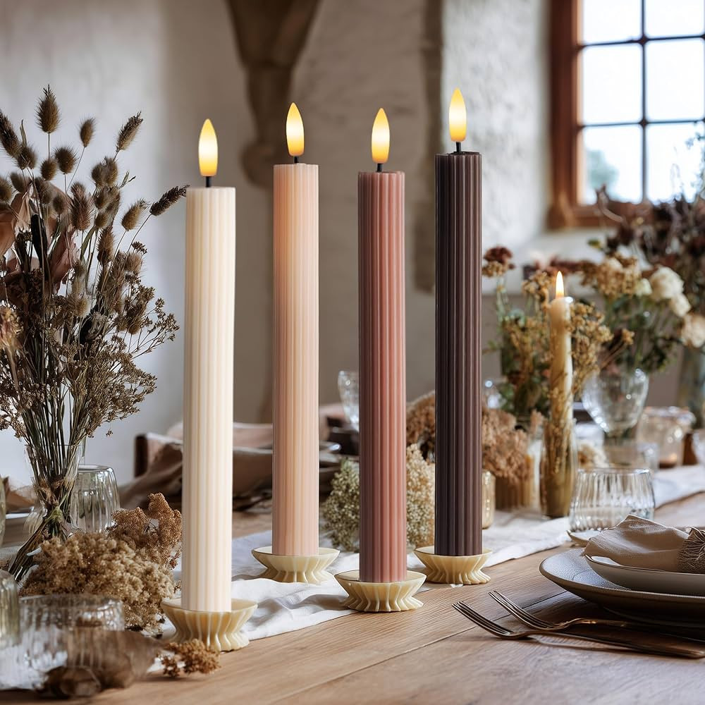 Mocha Brown Coordinated Chocolatey 4 Pack Set, 10" LED Flameless Fluted Ribbed Grooved Taper Cand... | Amazon (US)