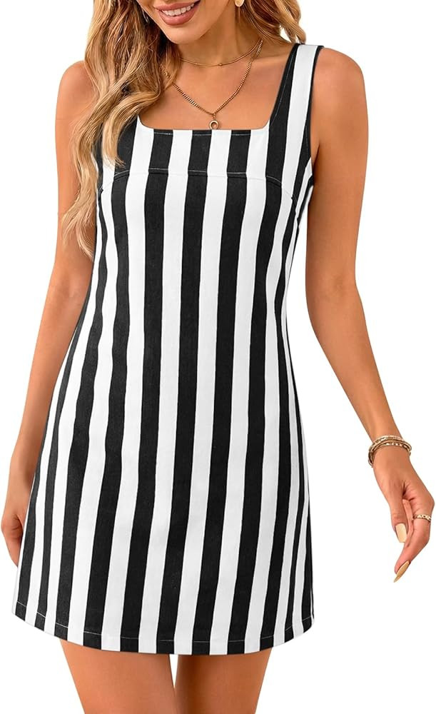 Cicy Bell Womens Summer Striped Denim Mini Dresses Square Neck Sleeveless Short Sundress Vacation... | Amazon (US)
