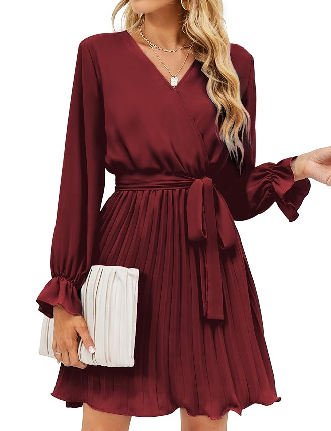 BBX Lephsnt Womens Wrap V Neck Dresses for Wedding Guest Casual Pleated Long Sleeve Mini Dress | Amazon (US)
