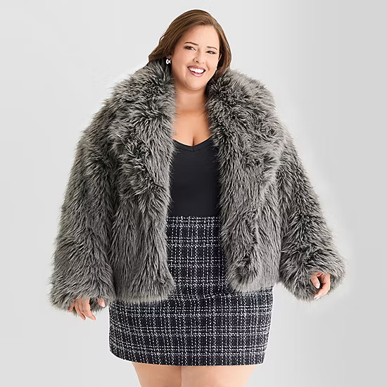 new!Ashley Graham Womens Plus Faux Fur Midweight Cropped Coat | JCPenney