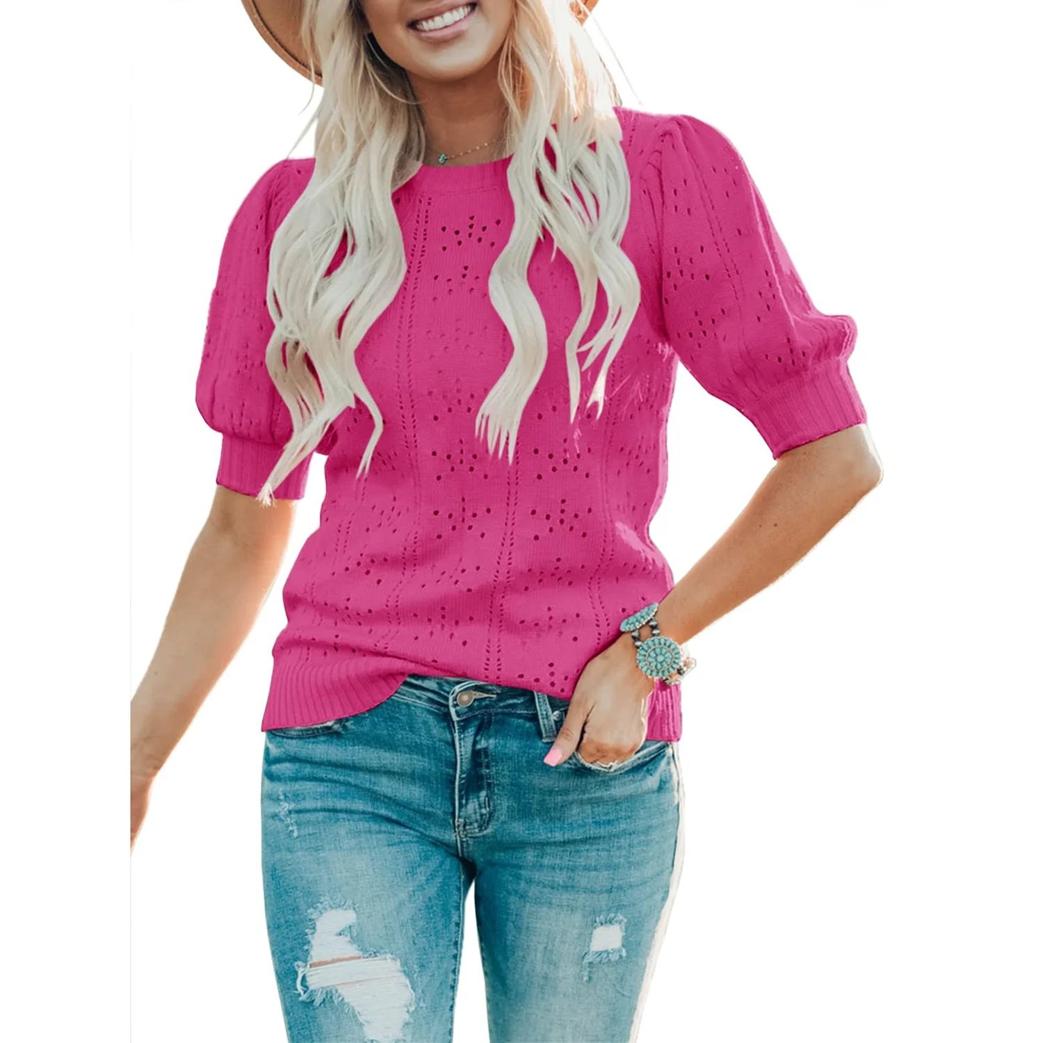 Mafulus Womens Puff Short Sleeve Sweaters Tops Fall Soft Crew Neck Dot Pullover Shirt Lightweight... | Walmart (US)
