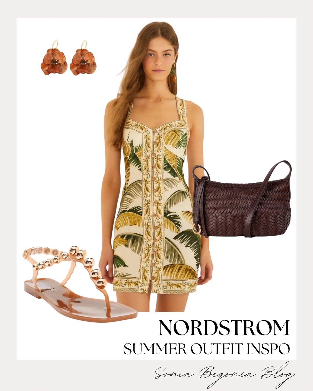 The ultimate tropical escape outfit inspiration from Nordstrom! I am absolutely obsessed with the palm print details on this button-front mini dress, making it a perfect pick for your next sunny vacation or brunch date. 🌴

I styled this vibrant look with studded strappy sandals, statement tortoiseshell floral earrings, and a rich woven brown leather shoulder bag. ✨

#nordstrom #summeroutfit #vacationstyle #palmprint #LTKstyletip #tropicalvibes #summerfashion #chicstyle #ootd

#LTKootd #LTKSeasonal