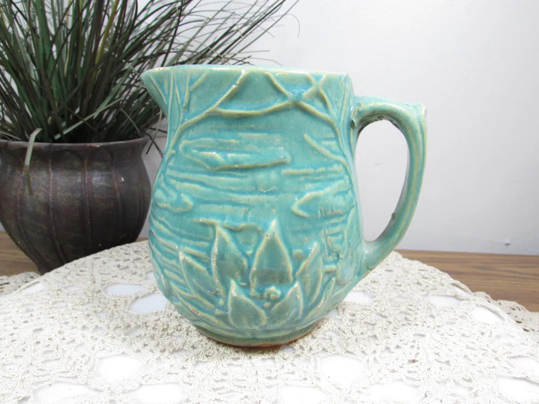Mccoy Water Lily Pottery Pitcher, Green Glaze Lotus Pattern Jug, Embossed Vintage Mccoy Pottery -... | Etsy (US)
