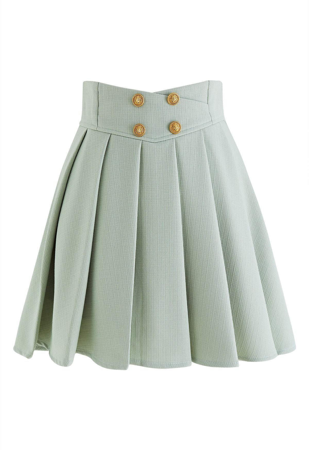 Golden Button Pleated Flare Mini Skirt in Pistachio | Chicwish