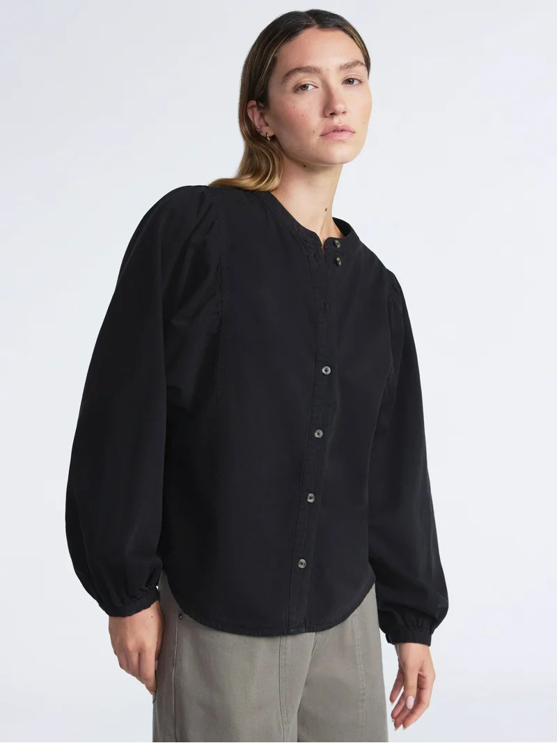 Scoop Women's Cotton Denim Shirt with Blouson Sleeves, Sizes XS-XXL | Walmart (US)