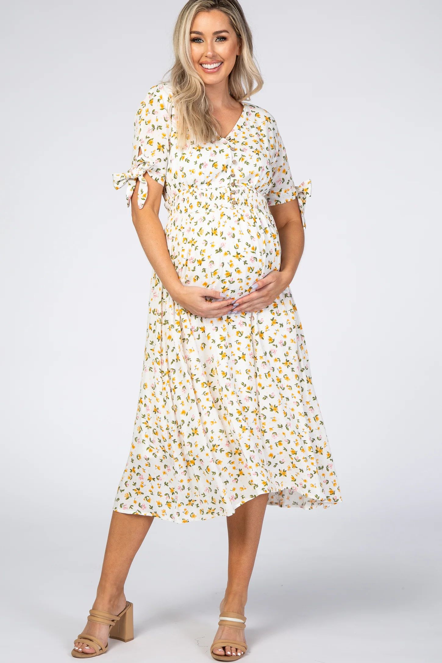 Ivory Floral Tie Sleeve Maternity Midi Dress | PinkBlush Maternity