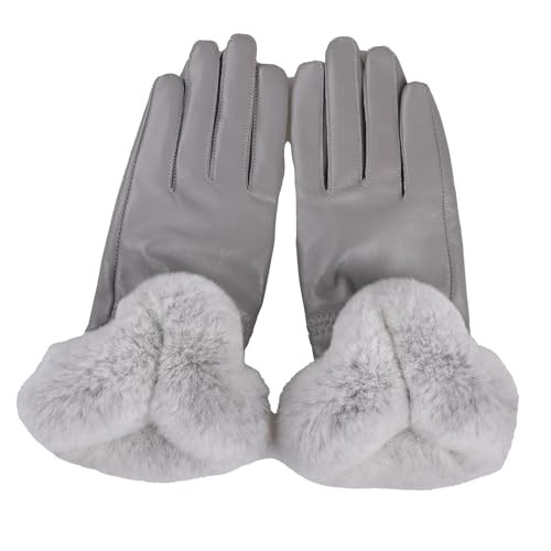 BOONJOVIA Elegant Women's Winter Warm Genuine Leather Gloves With Rex Rabbit Fur Trim Cuffs Velvet Lined (Grey, Large) | Amazon (US)