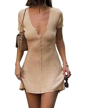 Women Sexy Deep V Neck Button Front Knit Mini Dress Elegant Short Sleeve Ribbed Flowy Hem A-Line ... | Amazon (US)