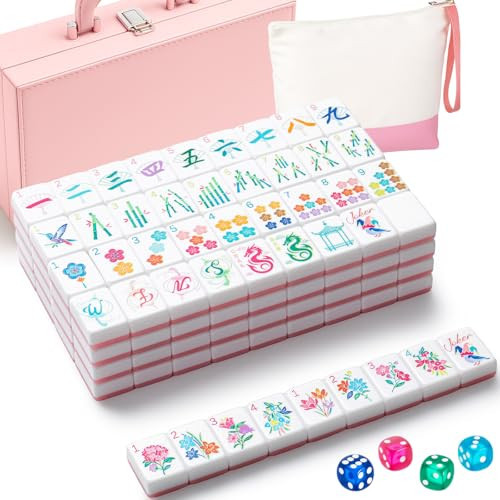 Soulchen 1.2 Inch Acrylic American Mahjong Set 168 Blossom Numbered Tiles, Tiles Bag and Portable Travel Case Classic Complete Mahjong Set for Adult Collection Gift(Pink) | Amazon (US)