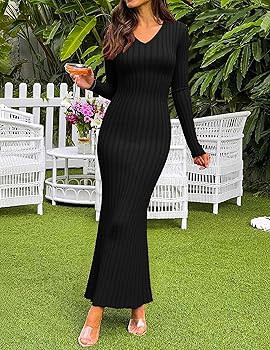 ZESICA Women's 2026 Fall Sweater Dress Long Sleeve V Neck Ribbed Knit Party Cocktail Bodycon Maxi... | Amazon (US)