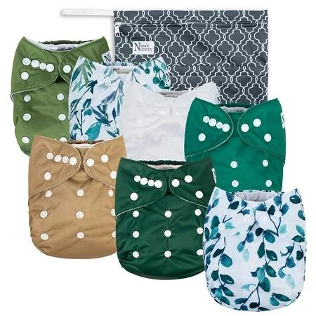 Unisex Baby Cloth Pocket Diapers - Sage and Sea - 7 Pack, 7 Bamboo Inserts, 1 Wet Bag by Nora's Nurs | Walmart (US)