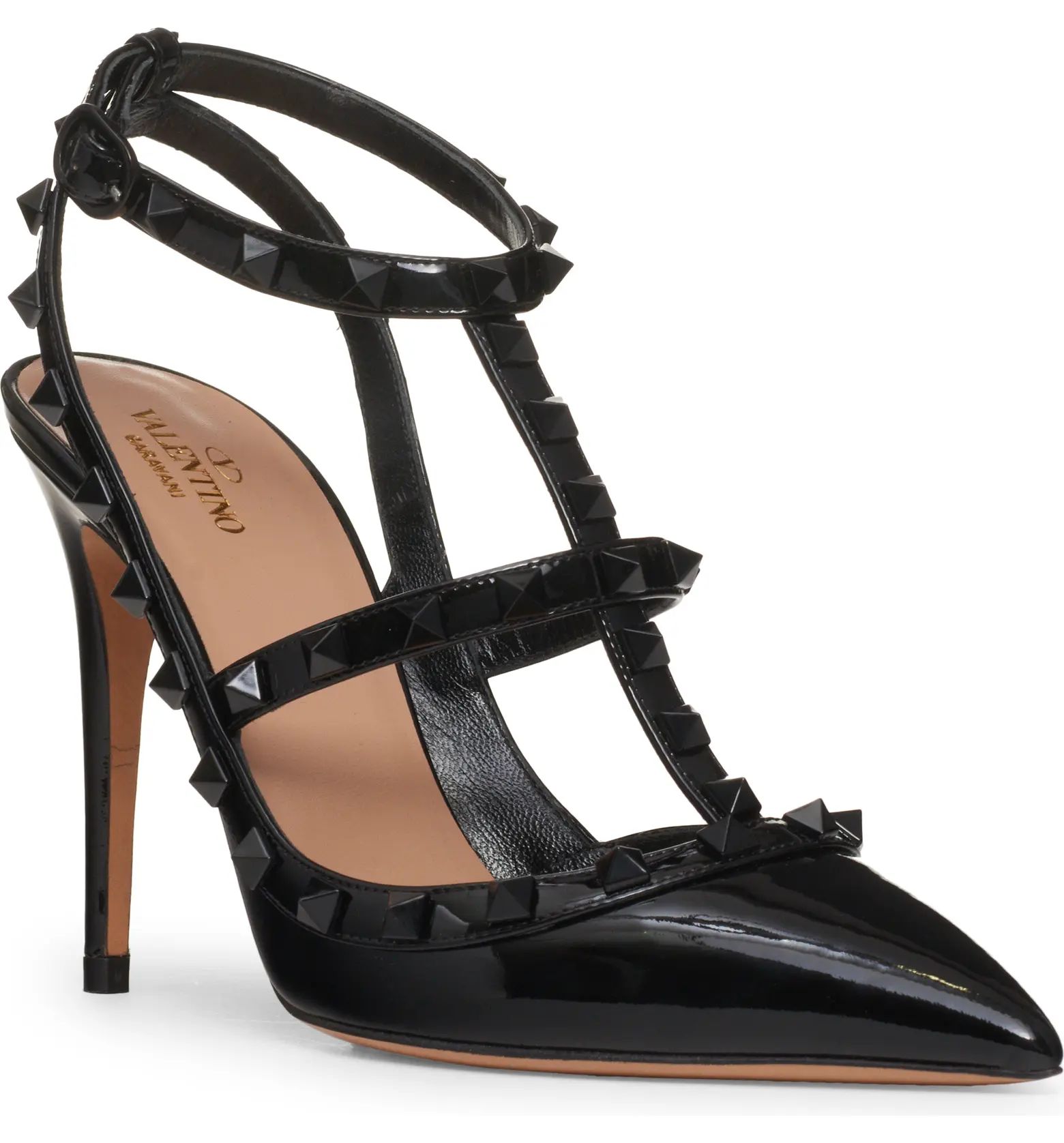 Rockstud Patent T-Strap Pointed Toe Pump | Nordstrom