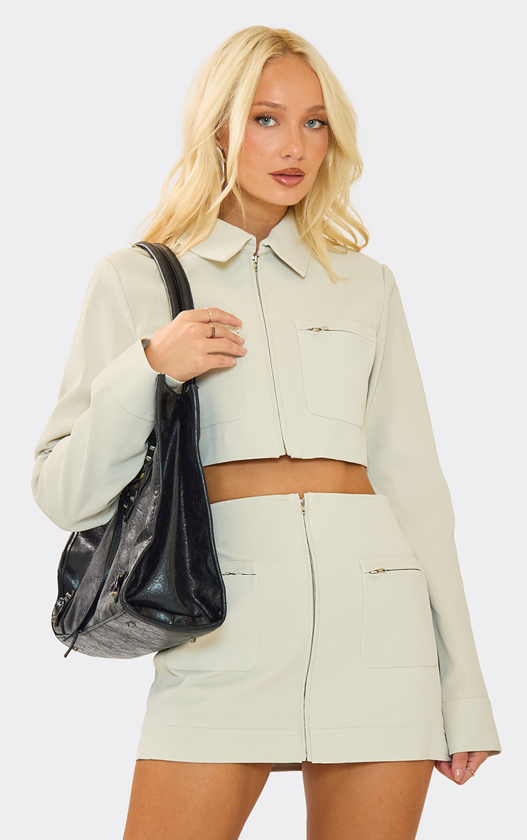 Collar Neck Zip Through Cargo Pocket Cropped Jacket In Stone Faux Leather | EGO (UK)