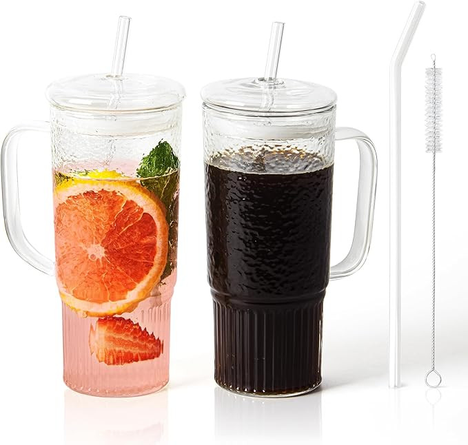 Glass Cups with Lids and Straws,24oz Glass Tumbler with Handle Iced Coffee Cup for Coffee,Juice,T... | Amazon (US)