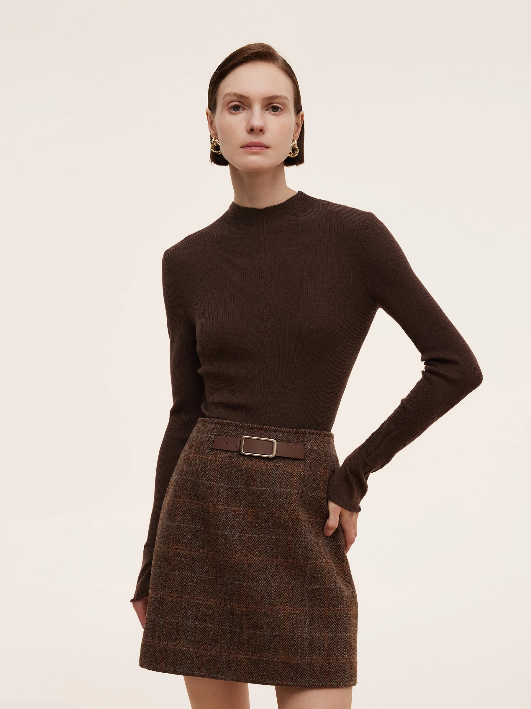 100% Machine Washable Wool Mock Neck Women Knit Top Coffee Brown / L | GOELIA