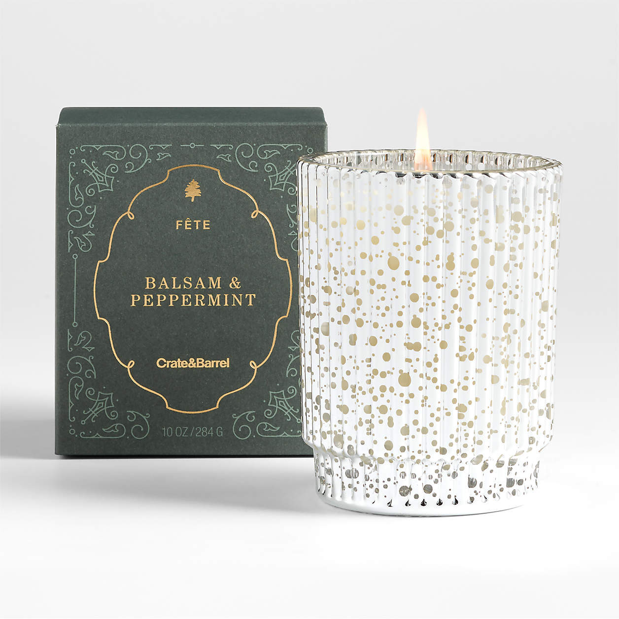Fete Silver Alpine Holiday 1-Wick Scented Candle | Crate & Barrel | Crate & Barrel