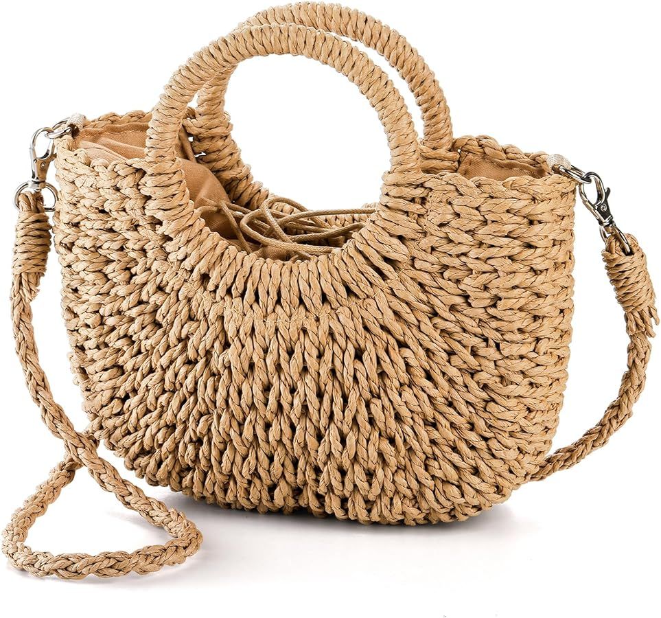 Women Straw Handbag, Mini Summer Beach Rattan Tote Bag, Woven Semi-circle Clutch Bag Handmade Pur... | Amazon (US)