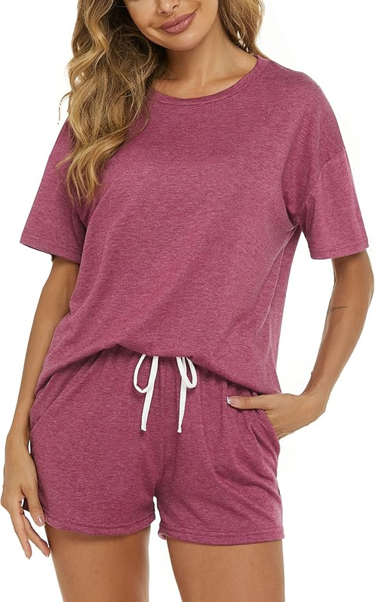 LOCUBE Women's Pajama Set Short Sleeve Top and Drawstring Shorts with Pockets, Soft Stretchy Comf... | Amazon (US)