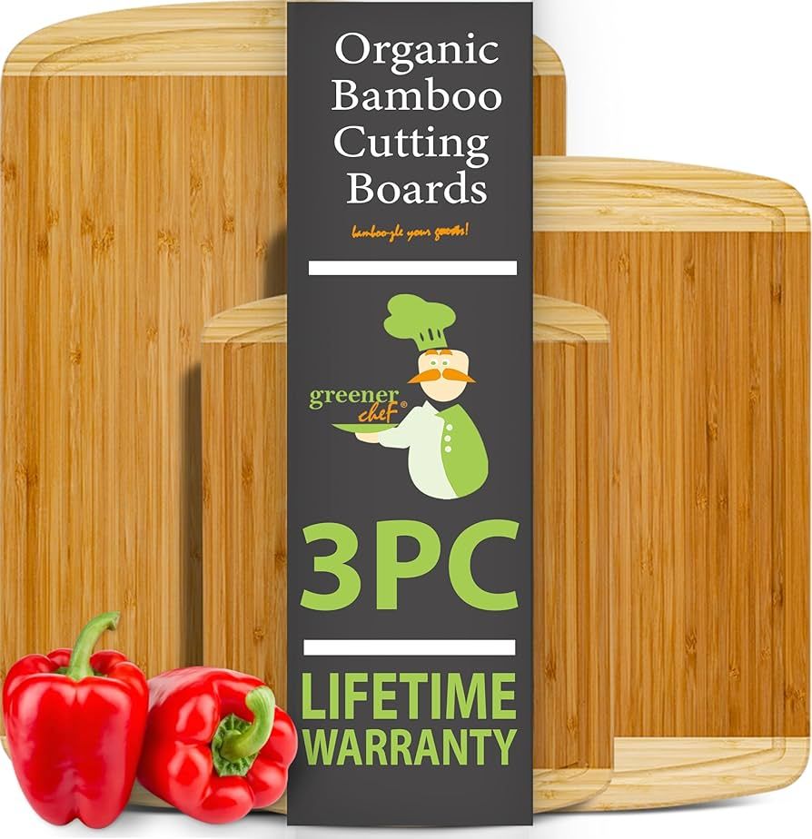 GREENER CHEF Organic Bamboo Cutting Board Set of 3 with Lifetime Replacements - Wood Cutting Boar... | Amazon (US)