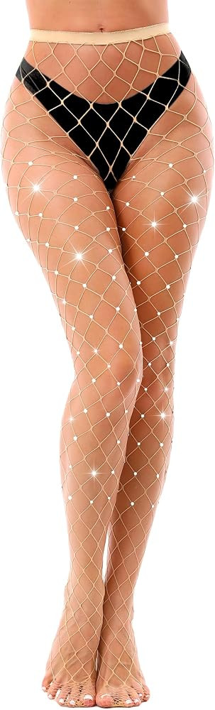 VEBZIN Sparkly Large Mesh Fishnet Tights Glitter Rhinestone Fishnets Stockings | Amazon (US)
