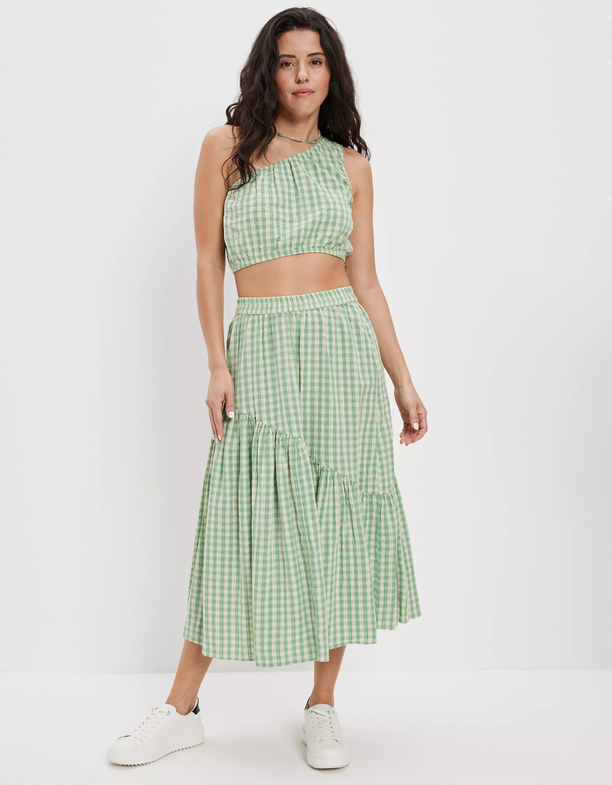 AE Gingham Asymmetrical Tiered Midi Skirt | American Eagle Outfitters (US & CA)