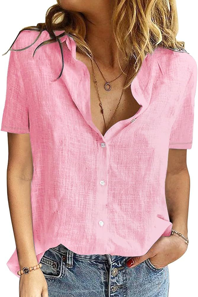 BBO Blouse for Women Short Sleeve Shirt Casual Cotton Button Down Shirts V Neck Summer Tops Linen... | Amazon (CA)