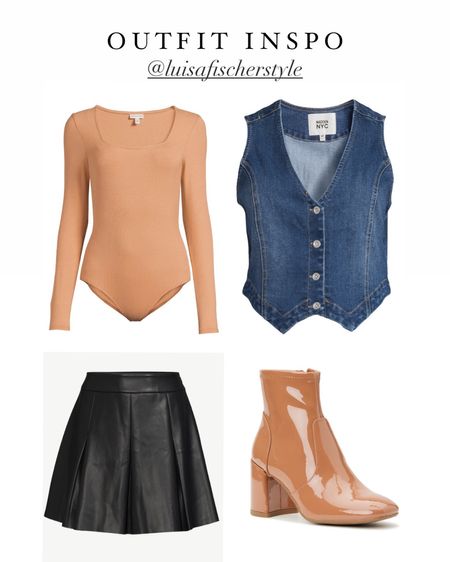 outfit inspo | bodysuit | faux leather skirt | denim vest | jean vest | helped boots | booties | date night outfit | girls night outfit

#LTKSeasonal #LTKfindsunder50 #LTKstyletip