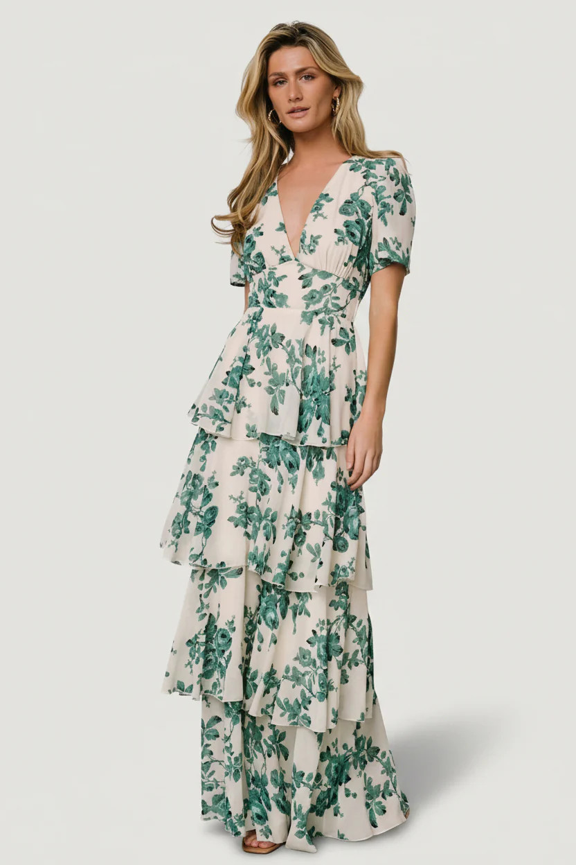 Montaigne Ruffle Maxi Dress - Ivory & Green | Baltic Born | Baltic Born
