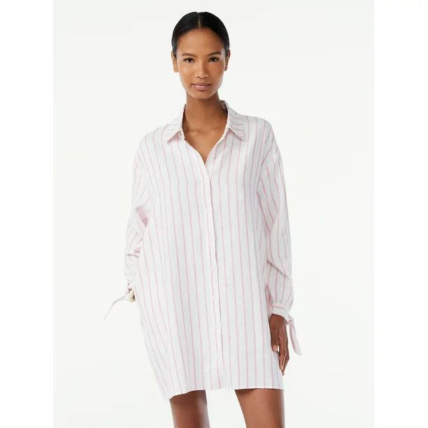 Scoop Women's Linen Blend Shirt Dress with Tie Sleeve Cuffs | Walmart (US)