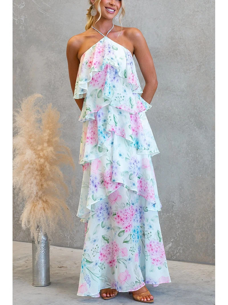 2026 European and American Spring/Summer New Chiffon Printed Tie-Waist Dress INS Multi-Layer Vaca... | Walmart (US)