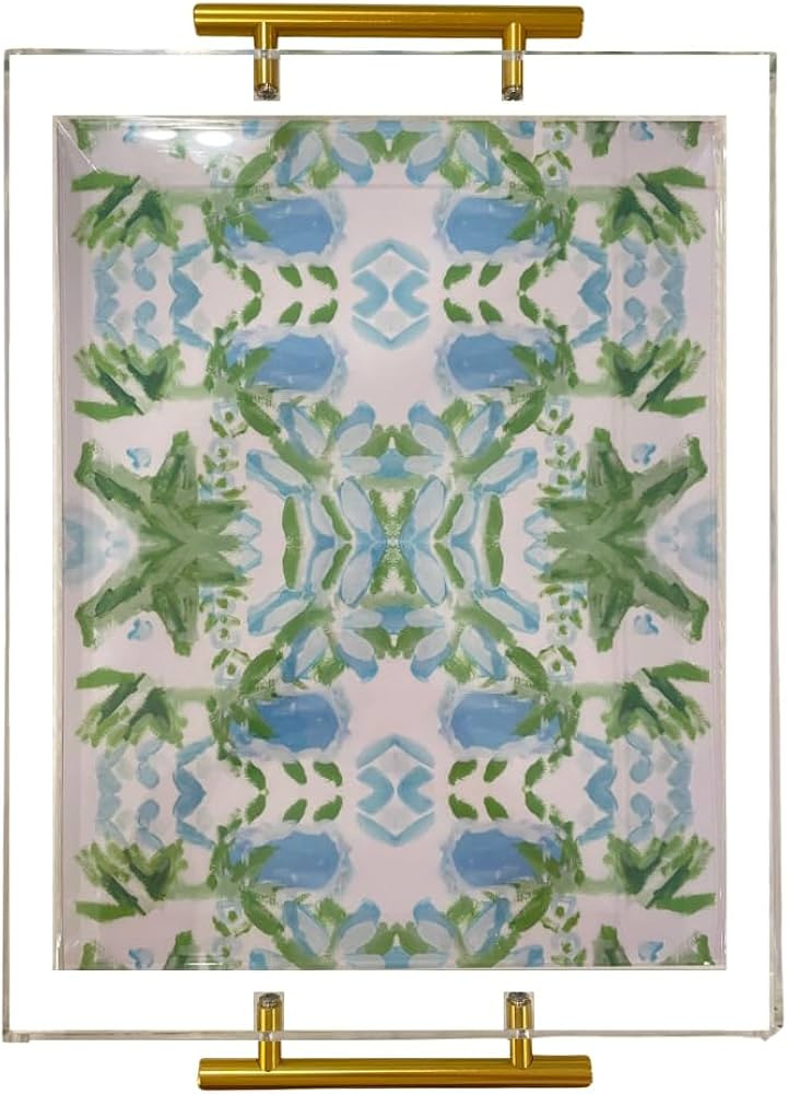 Acrylic Serving Tray with Gold Handles - 11"x14" Decorative Clear Tray, Green and Blue Watercolor... | Amazon (US)