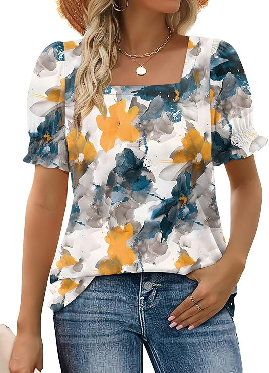 WEESO Womens Summer Tops 2026 Trendy Square Neck Blouses Short Puff Sleeve Shirts | Amazon (US)