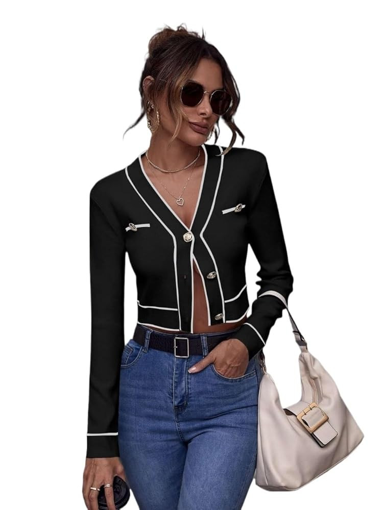 Womens Open Front Long Sleeve Cropped Cardigan Button Front Cardigans Sweater Tops Knitted Outwea... | Amazon (US)