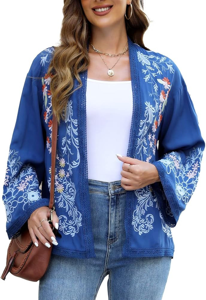 Women Enchanting Blue Embroidered Open Front Cardigan Jacket Mexican Tops Loose Casual Long Sleev... | Amazon (US)