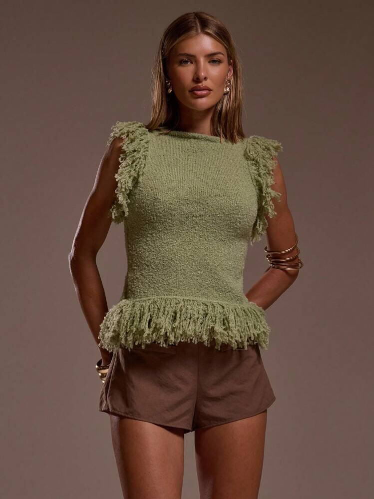 MUSERA Slash Neckline Knit Fringe Hem Fitted Top Ibiza Fits Holiday Vacation Sexy Beach Romantic Elegant Occasion Birthday Boho Work Winter Party Chic Spring Sweater | SHEIN