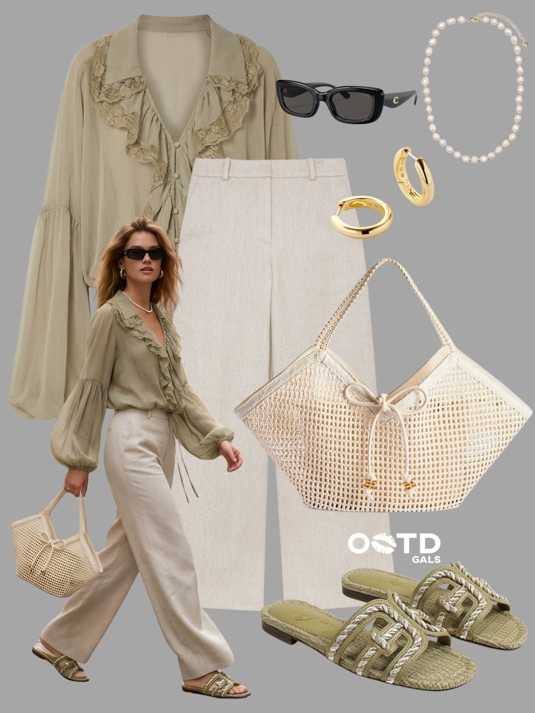 Soft neutrals with romantic details 🤍🌿

This look feels airy, elegant, and effortlessly elevated with flowing fabrics and delicate textures.

Relaxed sophistication at its best ✨

✨ Style Details:
• Sage green ruffle blouse with lace trim for a feminine touch  
• Light cream wide-leg trousers for a soft tailored balance  
• Woven tote bag adding texture and a chic resort feel  
• Olive woven slide sandals for an understated luxe finish  
• Gold jewelry paired with pearls for timeless elegance  
• Black sunglasses to give the outfit a modern edge  

A graceful neutral palette that feels both polished and easy to wear ✨

#NeutralStyle #ElegantOutfits #QuietLuxury

#LTKsummer #LTKstyletip