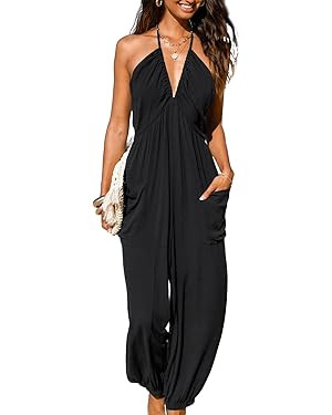CUPSHE Women's Plunge Halter Sleeveless Pleated Long Romper Knit Jogger Maxi Jumpsuit with Pocket... | Amazon (US)